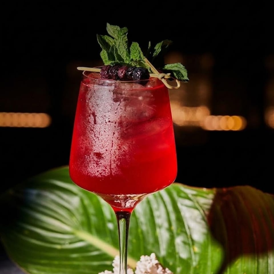 Vibrant red cocktail in a stemmed glass garnished with blueberries and mint, set against tropical leaves and warm bokeh lights.