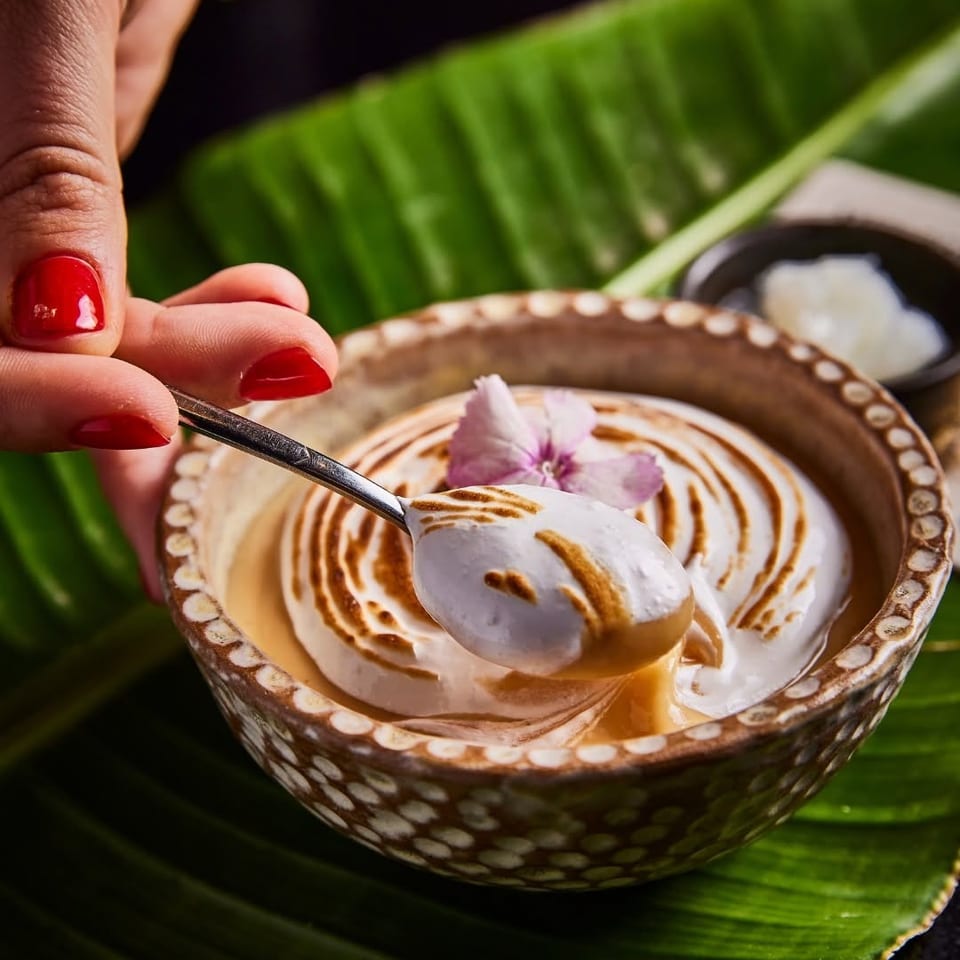 Hand with red-painted nails scoops creamy dessert from a decorative bowl on a banana leaf, garnished with a purple flower.